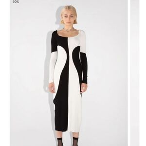 Asymmetrical Black & White Sculptural Knit Midi Dress